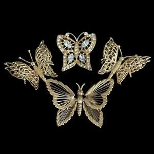 Lot Of 4 Gold Tone Rhinestone Butterfly Pins / Brooches - Monet Signed Vintage